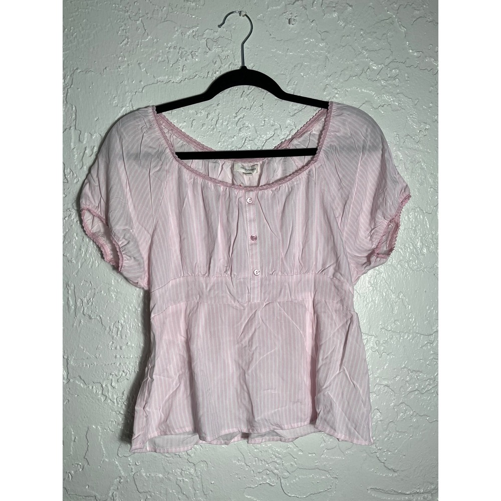 NWT No Comment Pink Striped Babydoll Blouse Lace Trim Women's Large Y2K